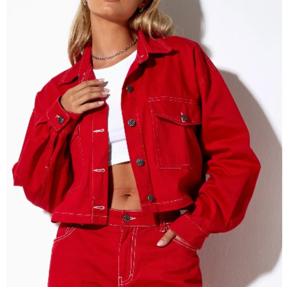 Boxy Denim Jacket in Racing Red with White Stitch Banana Republic (Size M)